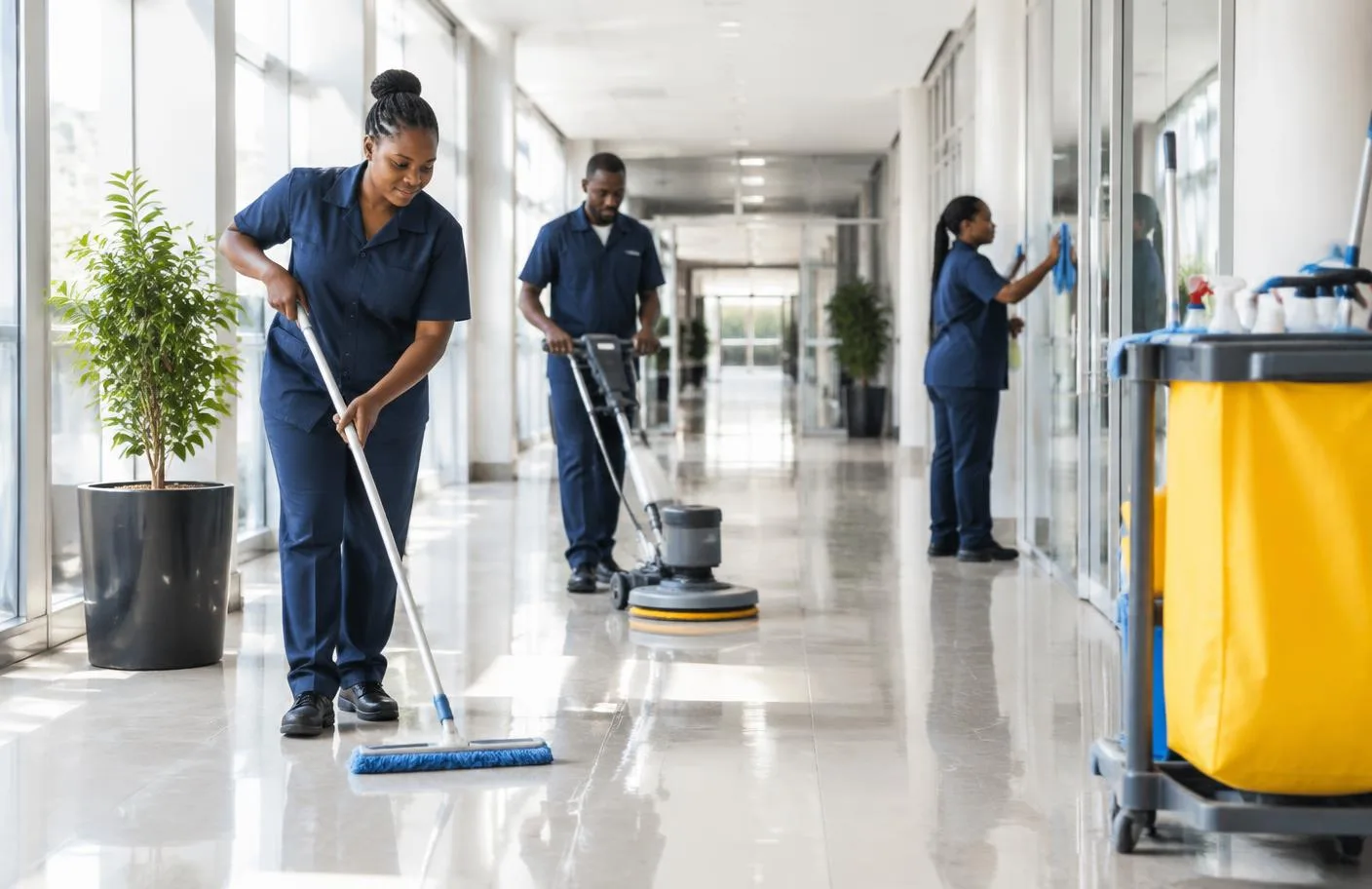 Professional African cleaning team in a commercial building