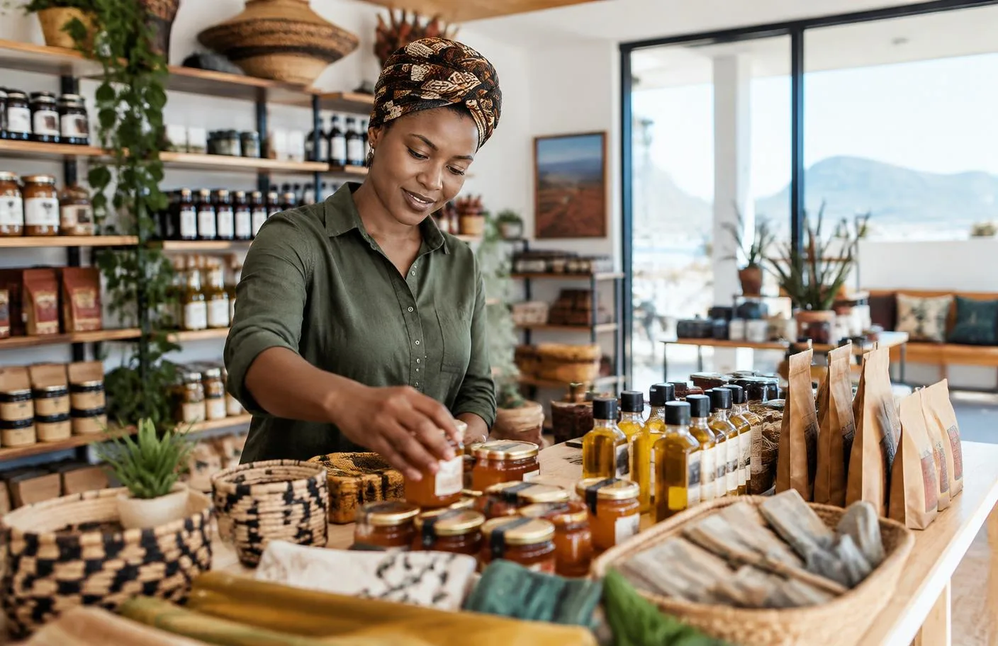Namibian retailer arranging locally supplied products