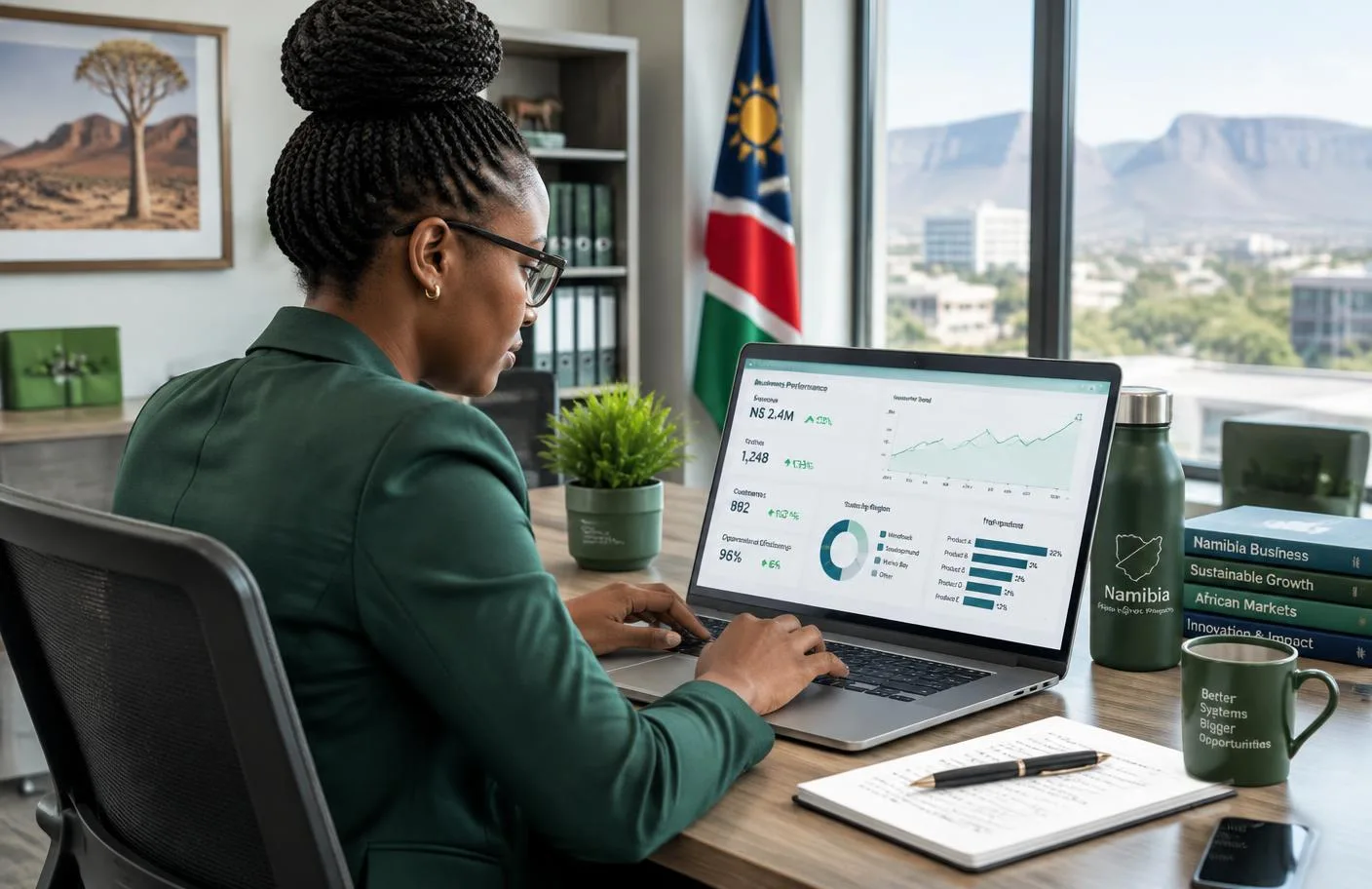 Namibian professional working with business dashboards on a laptop