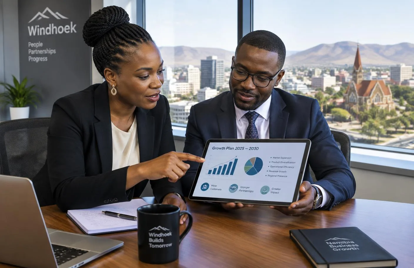 Namibian business partners reviewing growth plans in a Windhoek office