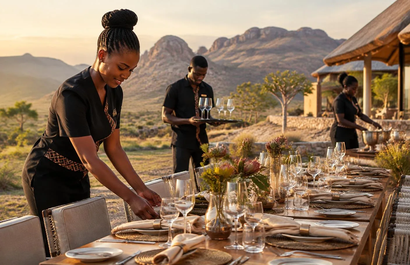 Namibian hospitality team preparing an outdoor guest experience