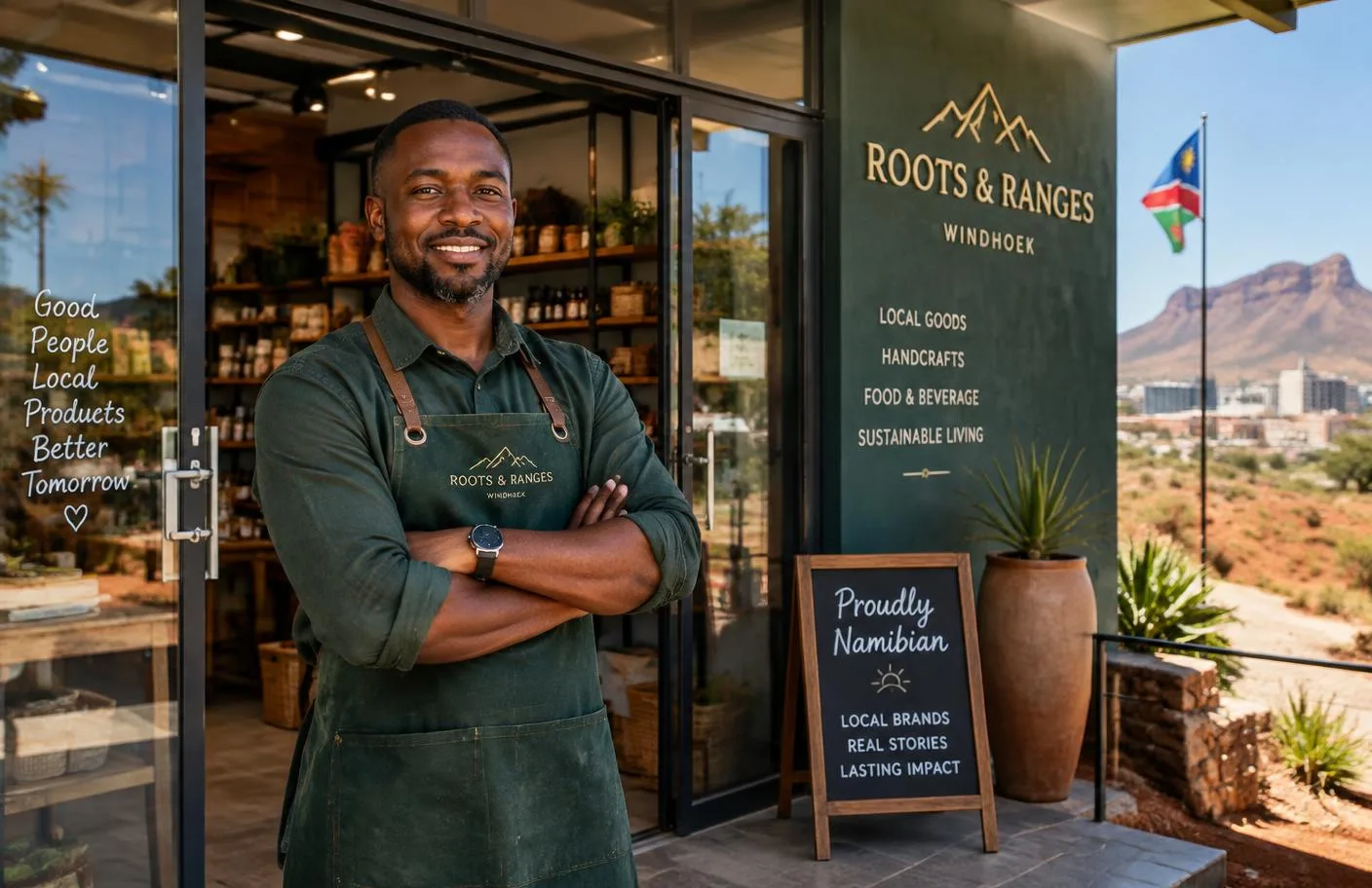 Proud Namibian shop owner outside his modern local business in Windhoek