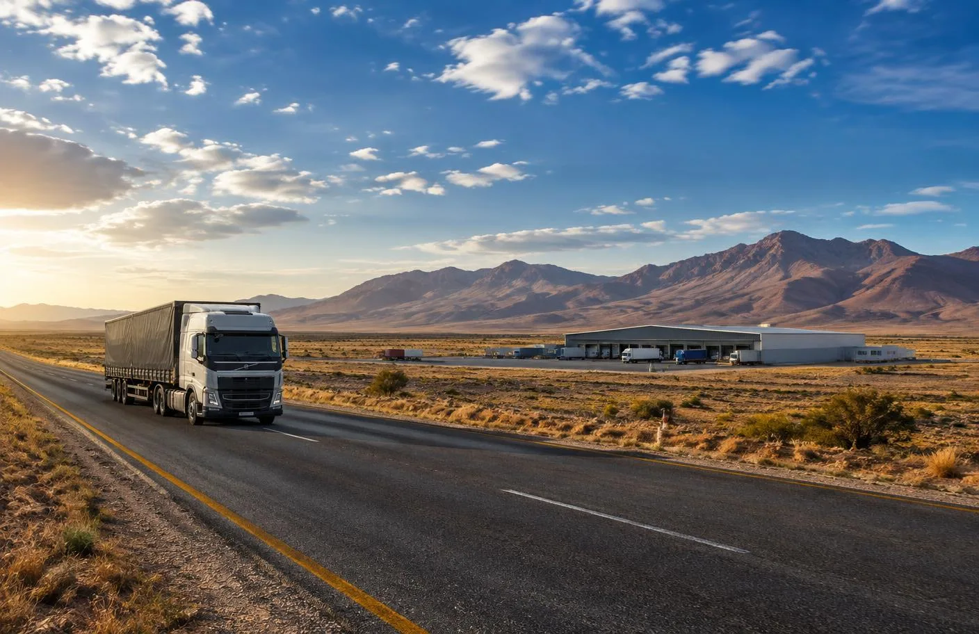 Freight transport on a Namibian road near a warehouse