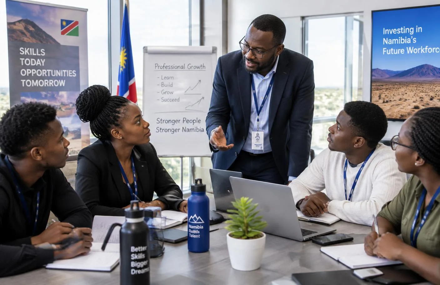A mentor guiding young Namibian professionals in a modern workplace