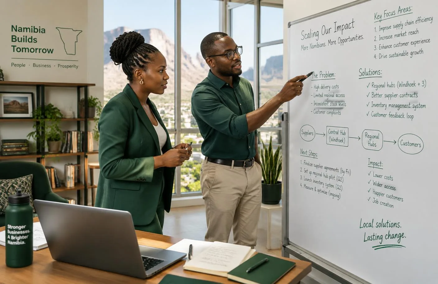 Namibian entrepreneurs solving a business problem together on a whiteboard in Windhoek