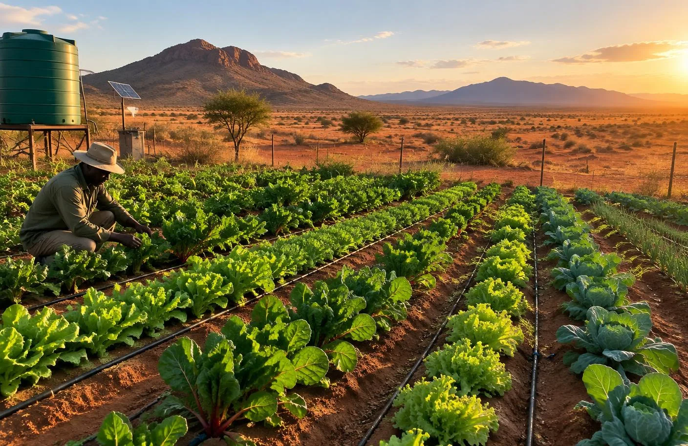 Water-efficient vegetable farming in Namibia's arid red-earth landscape